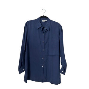 Fiji Silk Shirt Womens Size L Navy Blue Long Sleeve Button Up Big‎ Patch Pocket